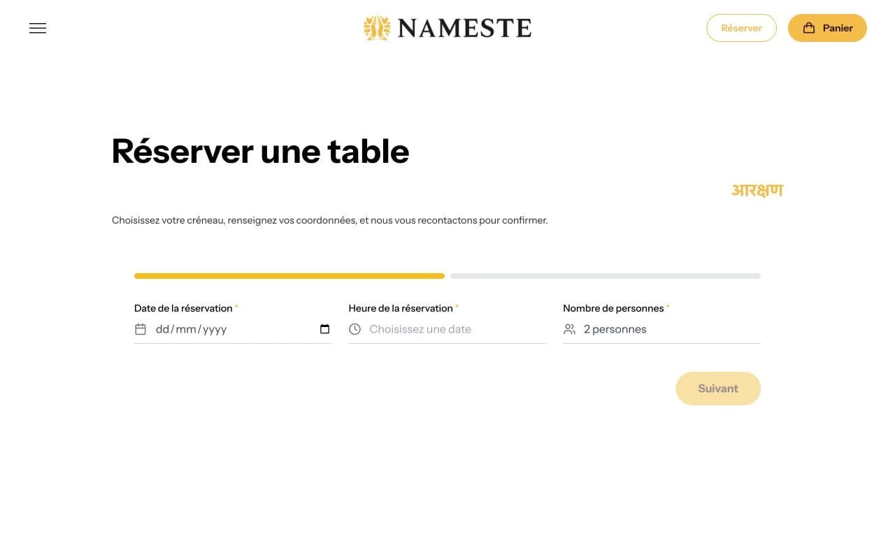 Page de réservation du restaurant Nameste